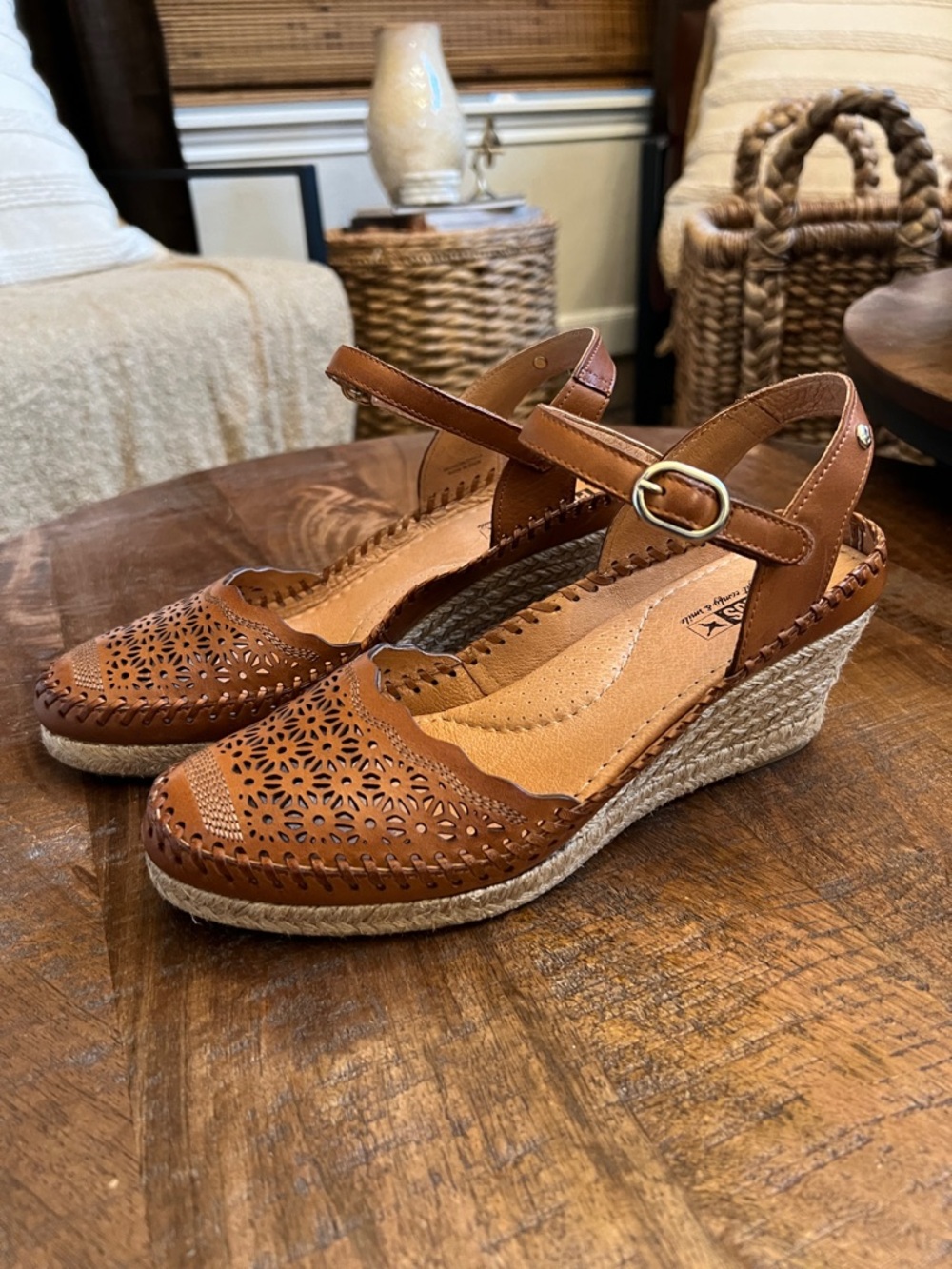 PIKOLINOS Tan Laser-Cut Leather Espadrille Wedge Sandals
